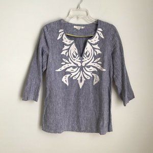 Boden Blue Linen Embroidered 3/4 Sleeve Tunic